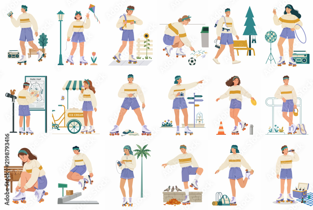 Fototapeta premium Collection of Vector Illustrations Featuring Diverse Young People Enjoying Various Activities While Roller Skating in an Urban Environment.
