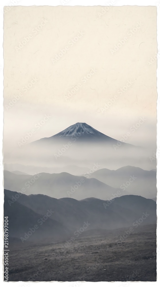 Fototapeta premium Mountain peak photo landscape, snow-capped volcano rising above misty fog and rolling hills at dawn