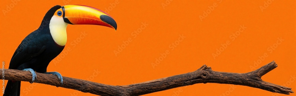 Obraz premium Toucan bird perched on tree branch against solid orange background. Exotic animal features large, colorful beak, black body with white chest markings. Ideal for banners, posters, website headers.