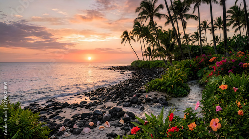 Beautiful tropical beach sunset with palm trees and flowers illustration
