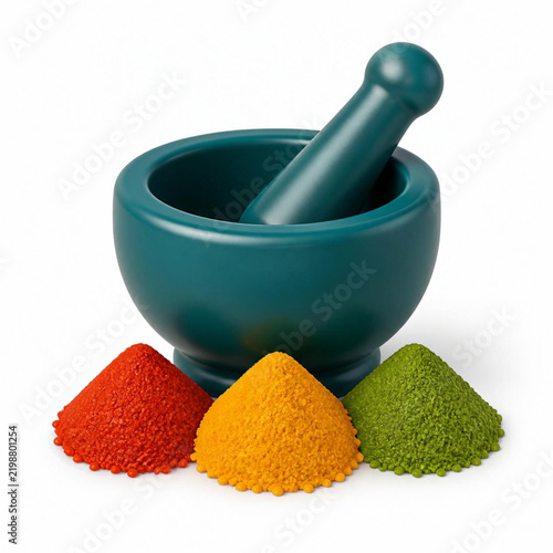 Mortar and Pestle + Spices 3d rendering isolated on white background plastic style icon