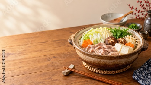 白菜と豚肉、きのこ、豆腐を使った冬の和風鍋料理・しゃぶしゃぶ