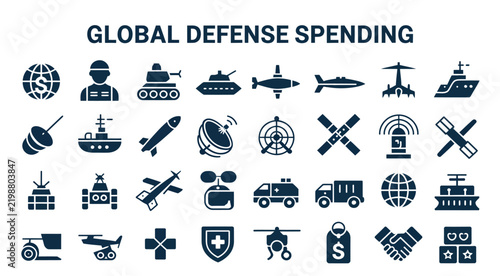 A compilation of global defense spending icons in dark blue, depicting military equipment, vehicles, and strategic assets for defense contexts.