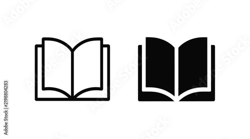 Opened book linear and glyph icons set, educational library symbol, textbook or notebook reading.