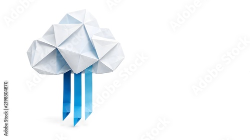 Geometric Origami Cloud with Blue Data Stream Ribbons on White Background