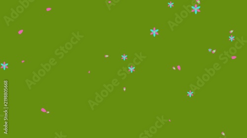 Animated Pink and Teal Flowers Falling on Green Background
