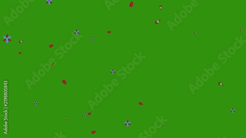 Animated Red Flower Petals and Blue Flowers Floating on Green Background