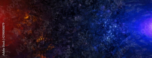 Abstract grunge background with contrasting red and blue neon glow and dark copy space.