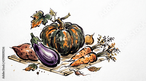 Watercolor and ink sketch illustration of various autumn harvest vegetables and crops on white background