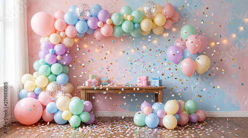 Pastel balloons and colorful party decorations for kids birthday celebration background