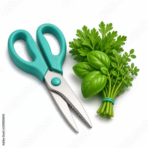 Kitchen Shears + Fresh Herbs 3d rendering isolated on white background plastic style icon