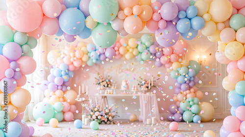 Pastel balloons and colorful party decorations for kids birthday celebration background