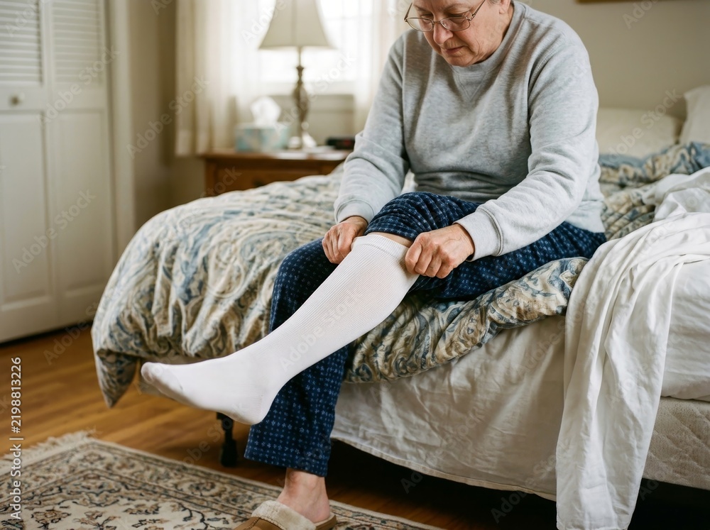Fototapeta premium Senior woman putting on white compression socks while sitting on the edge of her bed at home