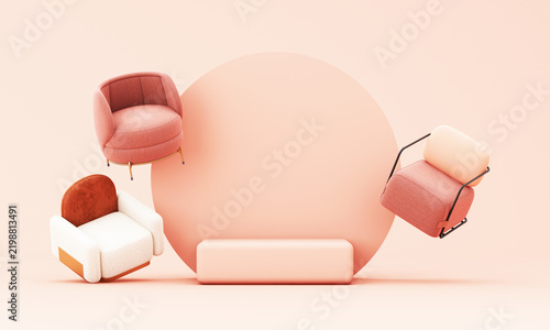 Modern 3D furniture display featuring pink and peach lounge chairs around a soft podium on a pastel background, ideal for interior design, product presentation, and stylish decor concepts.