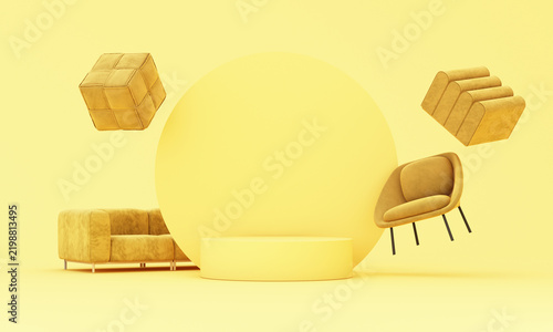 Creative 3D furniture display with yellow chairs and poufs arranged around a round podium on a bright pastel background, ideal for modern decor, product showcase, and design concepts.