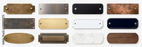 Blank Metal and Wooden Plaque Collection with Brass, Steel, Copper, Marble and Dark Signboards Isolated on White Background