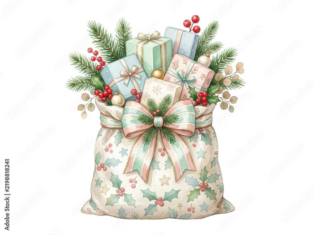 Obraz premium Christmas Sack of Gifts: A beautifully illustrated sack brimming with festive presents, decorated with holly, berries, and pine sprigs, evoking the spirit of holiday generosity and surprise.