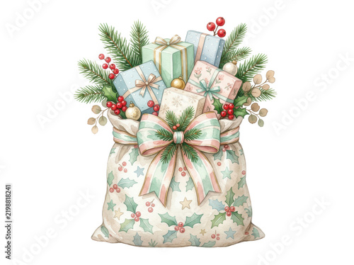Christmas Sack of Gifts: A beautifully illustrated sack brimming with festive presents, decorated with holly, berries, and pine sprigs, evoking the spirit of holiday generosity and surprise.