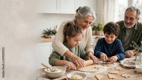 Family crafting handmade Christmas cards with glitter markers. Authentic candid moment of happy multi-generational family celebrating Christmas and winter holidays together at home. What does a j