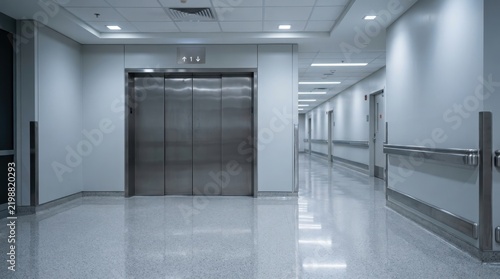 Modern hospital elevator lobby with stainless steel doors and corridor