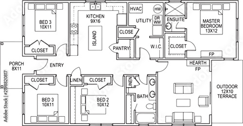 Detailed residential house floor plan architectural blueprint diagram displaying room layouts dimensions and furniture arrangement vector