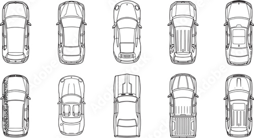 Set of ten top view car silhouettes outline icons for architectural plans and graphic design layouts