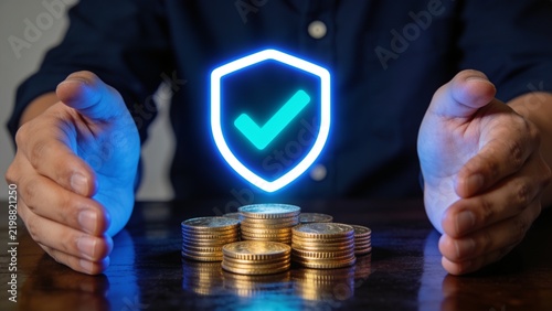 Hands protecting stack of gold coins with glowing digital security shield