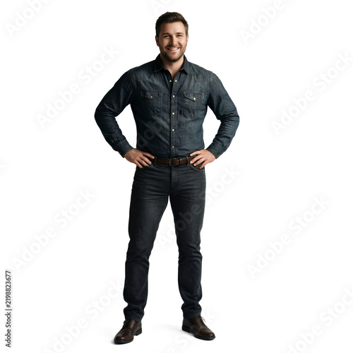 Man denim shirt chinos standing isolated on a transparent background for professional commercial photography and corporate marketing projects