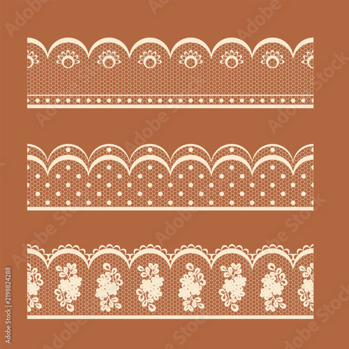 Set of vintage lace borders with floral and scalloped pattern. Elegant retro lace frames collection