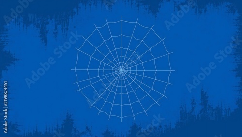 White spider web illustration centered on a textured dark blue background