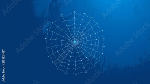 Abstract digital spider web made of glowing lines and dots on a dark blue background