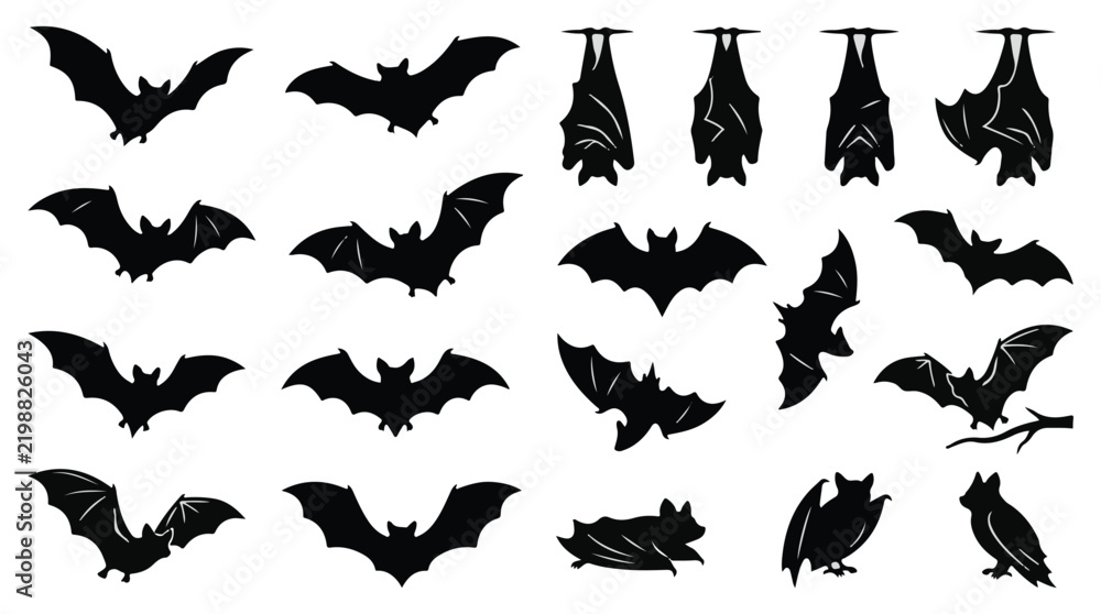 Fototapeta premium Halloween Black Bat Vector Set Silhouette on White Background Eps