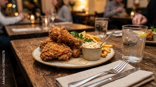 Crispy fried chicken and a glass of water on the table.