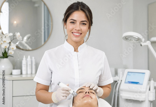 Smiling esthetician performs facial treatment with gentle precision