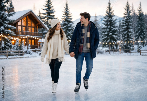 Couple glides across snowy rink, smiling warmly