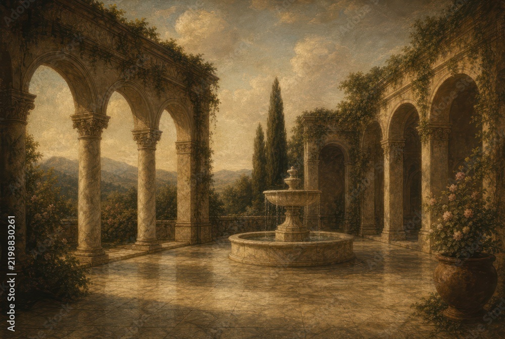 Obraz premium Elegant stone courtyard with arches, fountain, and lush greenery.