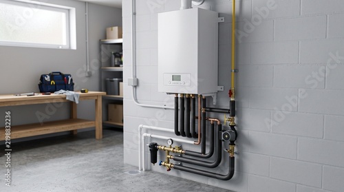Energy Retrofit home heating system with a modern gas boiler and connected pipes in a basement