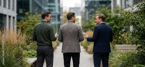 Three professional businessmen having a strategic conversation while walking together through modern corporate outdoor park pathway
