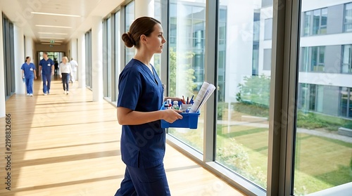 Dedicated female nurse carrying medical supplies and documents while walking down a bright hospital corridor