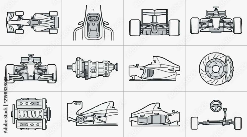 Obraz premium Detailed Line Art Exploded Views of Formula One Racing Car Components and Engine