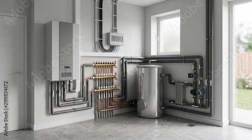 Energy Retrofit installation featuring modern heating system and water boiler in a utility room