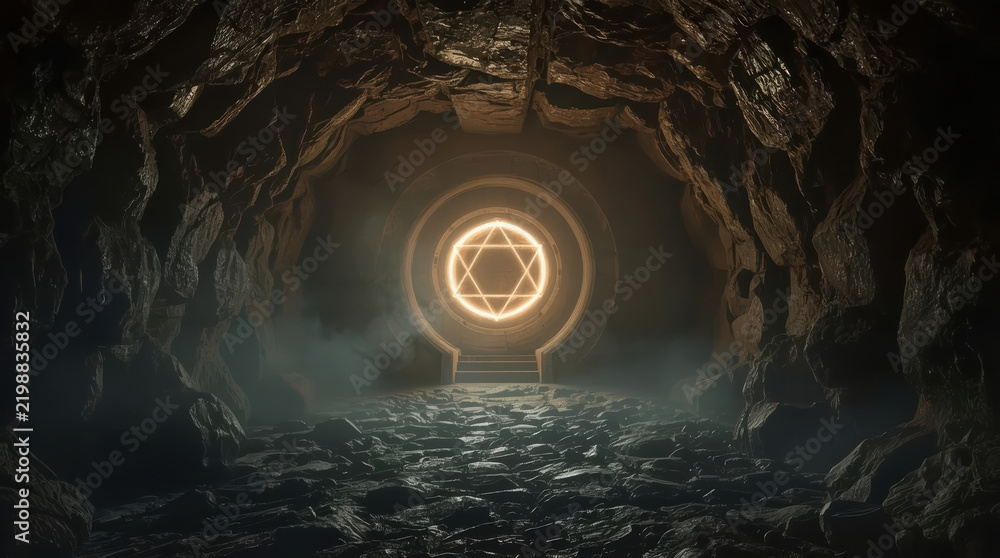 Obraz premium Underground chamber with glowing geometric symbol in cave