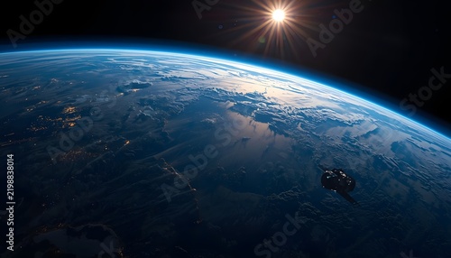 Photorealistic view of planet Earth from space with glowing sun star and atmosphere horizon dark background.