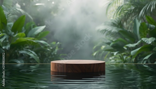 Wooden podium product display in misty tropical rainforest with water ripple reflection background.