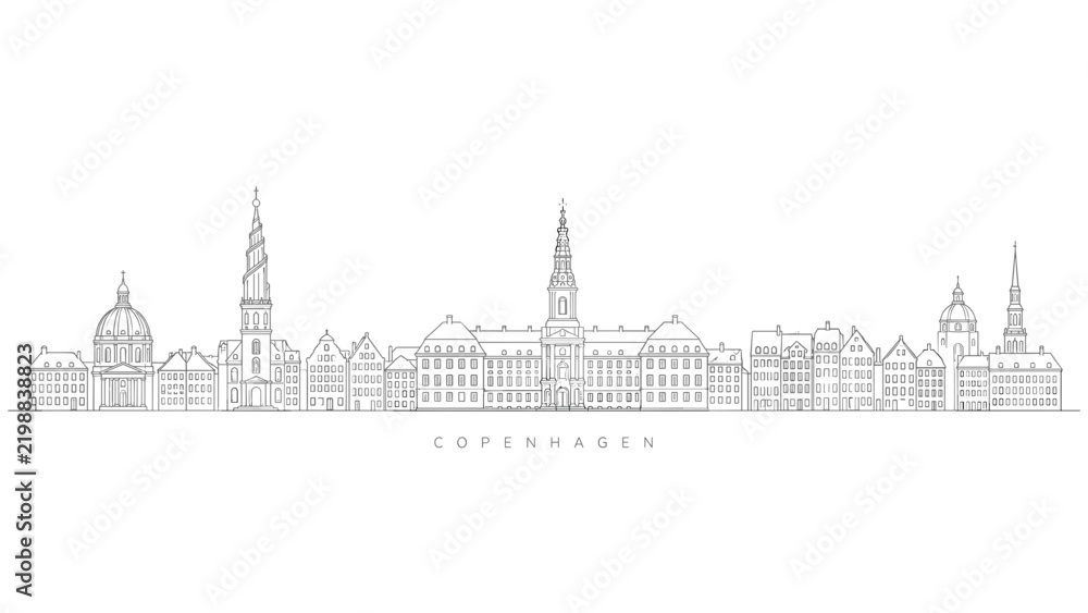 Fototapeta premium Copenhagen Denmark skyline landmarks panorama line art vector illustration