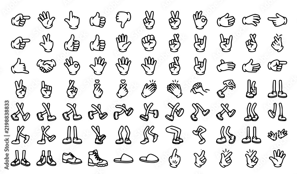 Fototapeta premium Hand and Foot Gesture Line Icon Set with Thumbs Down, Peace Sign, Pointing, Fist and Walking Feet Symbols for Design