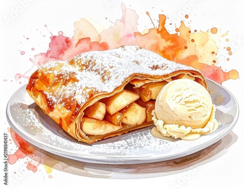 Watercolor apple strudel with ice cream scoop
