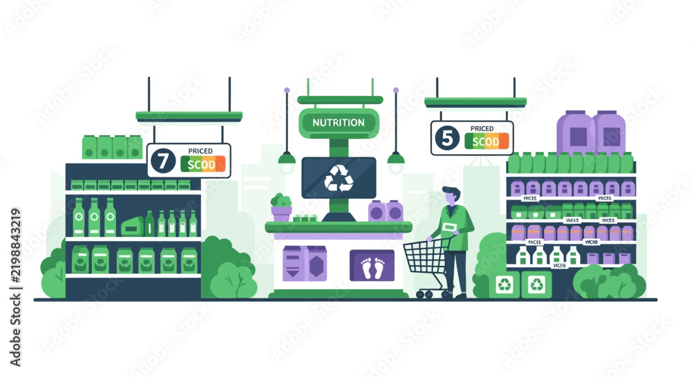 Obraz premium Sustainable Nutrition Grocery Store Flat Vector Illustration