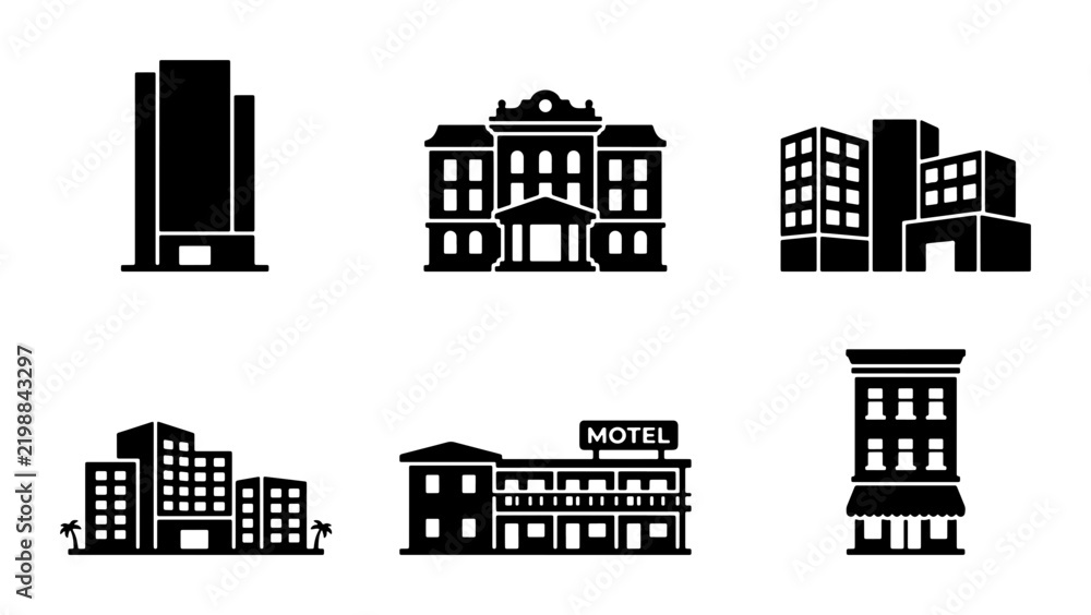 Fototapeta premium Building icons set, black real estate vector silhouettes, urban hotel motel glyphs
