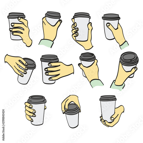 Hand holding a disposable coffee cup illustration vector sketch with black lines